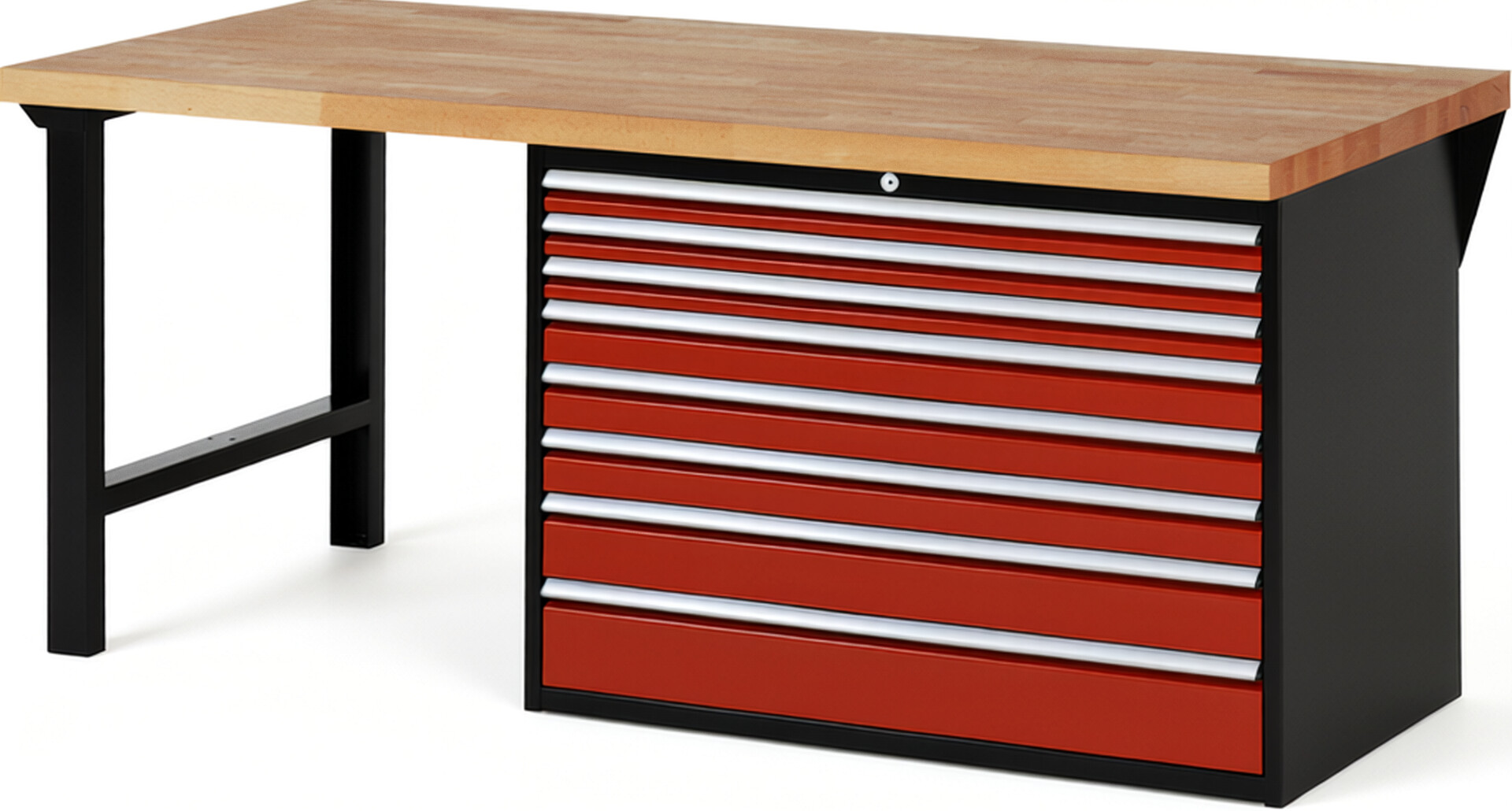 RAU Werkbank schwarz - rot - Breite 200 cm - Tiefe 90 cm - Höhe 84 cm - Buche-Massiv Arbeitsplatte 40 mm