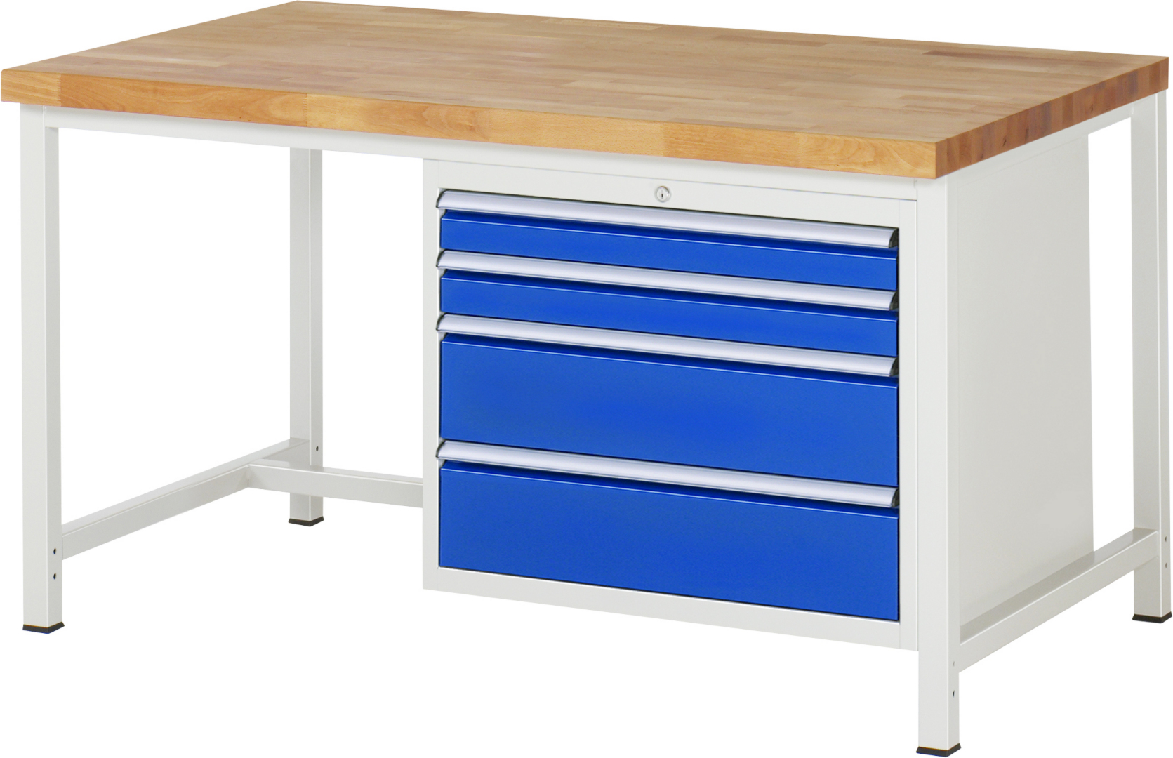 Werkbank Modell 8261,  BxTxH 1500x900x840-1040 mm,  Buche-Massiv Arbeitsplatte 40 mm,  4 Schubladen mit  Auszug 90 %