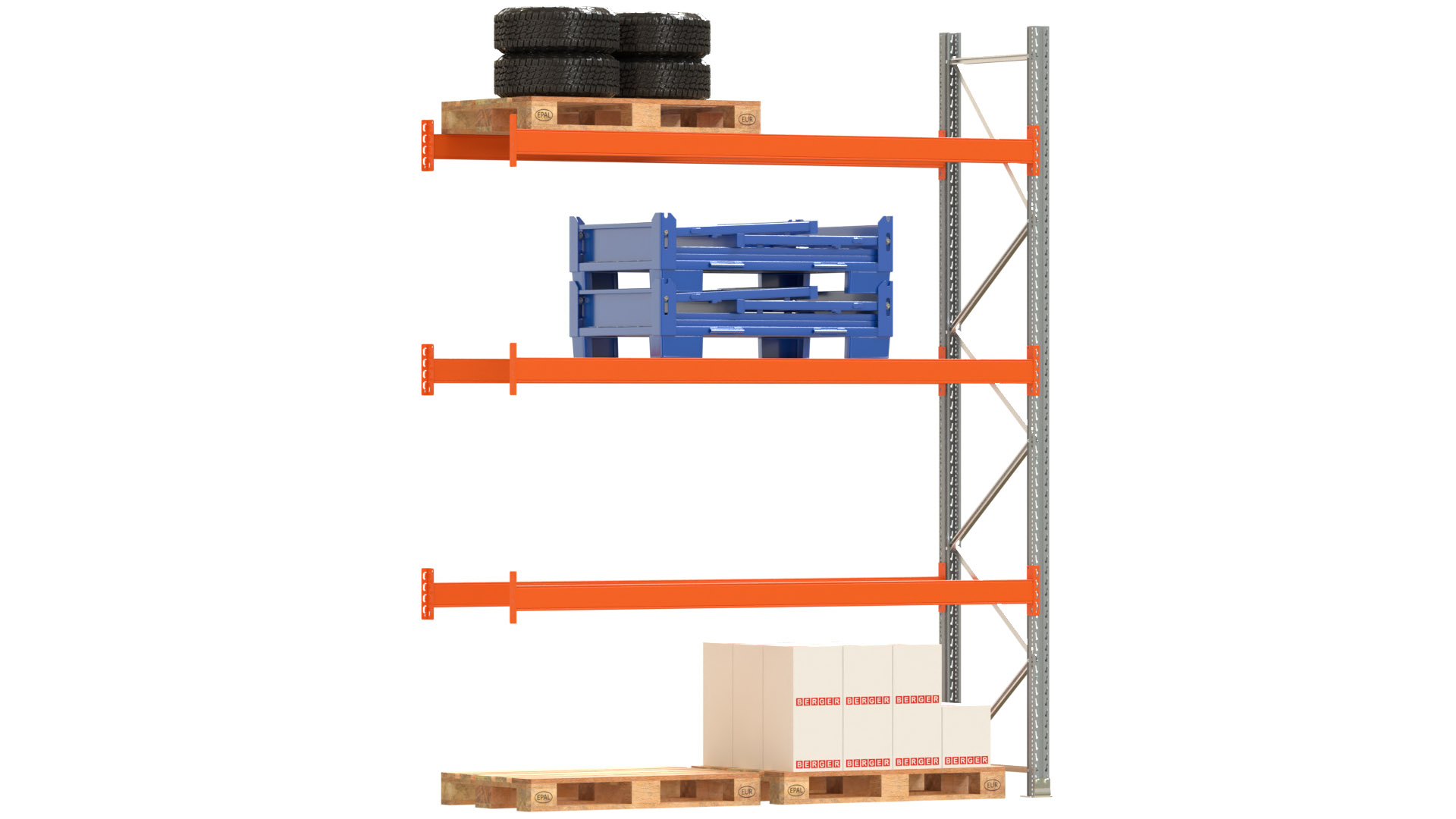 Palettenregal ARTUS - Anbaufeld - Breite 278,5 cm - Höhe 350 cm - Tiefe 80 cm - 3 Träger Ebenen