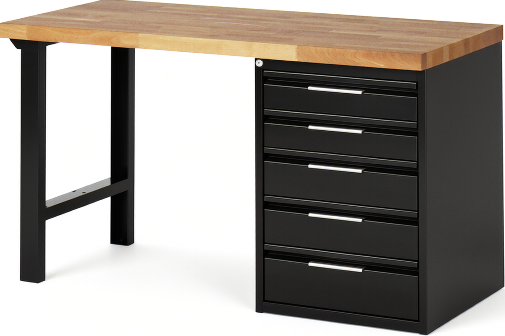 Werkbank schwarz, Breite 150 cm, Tiefe 70 cm, Höhe 84 cm, 5 Schublade(n), Platte: Buche-Massiv-Arbeitsplatte