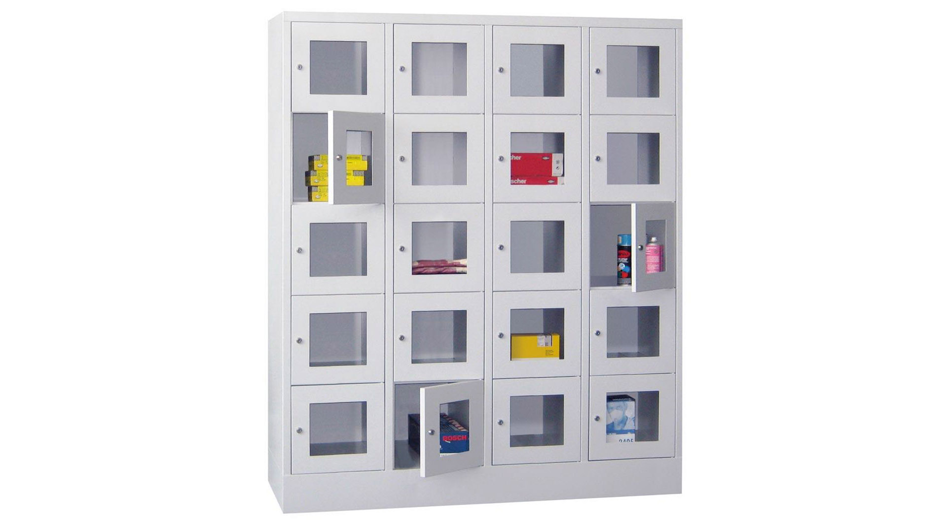 Fächerschränke mit Sichtfenstertüren, Breite 160 cm, Höhe 185 cm, Tiefe 50 cm, 4x5 Fächer