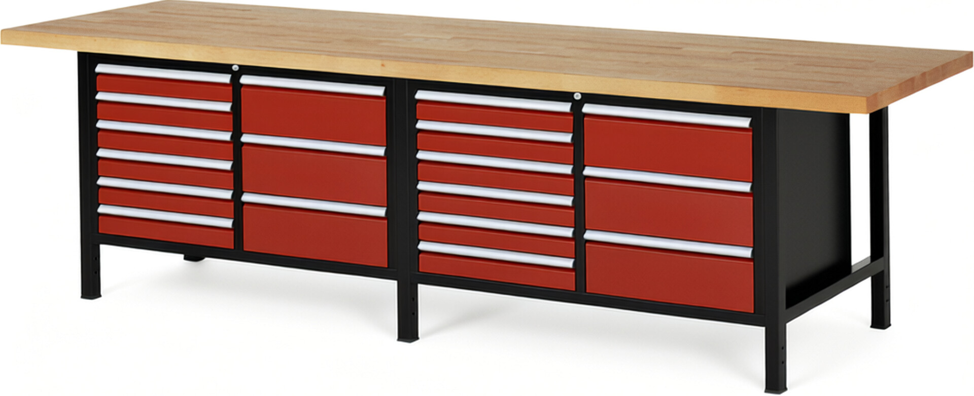 RAU Werkbank schwarz - rot - Breite 300 cm - Tiefe 90 cm - Höhe 84 cm - Buche-Massiv Arbeitsplatte 40 mm