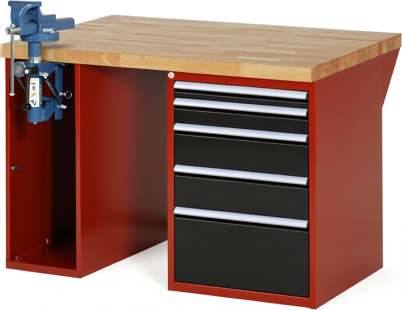 Werkbank Modell 7511 rot - schwarz, BxTxH 1250x900x890 mm,  Buche-Massiv Arbeitsplatte 40 mm,  5 Schubladen mit  Vollauszug 100 % und  SoftClosing