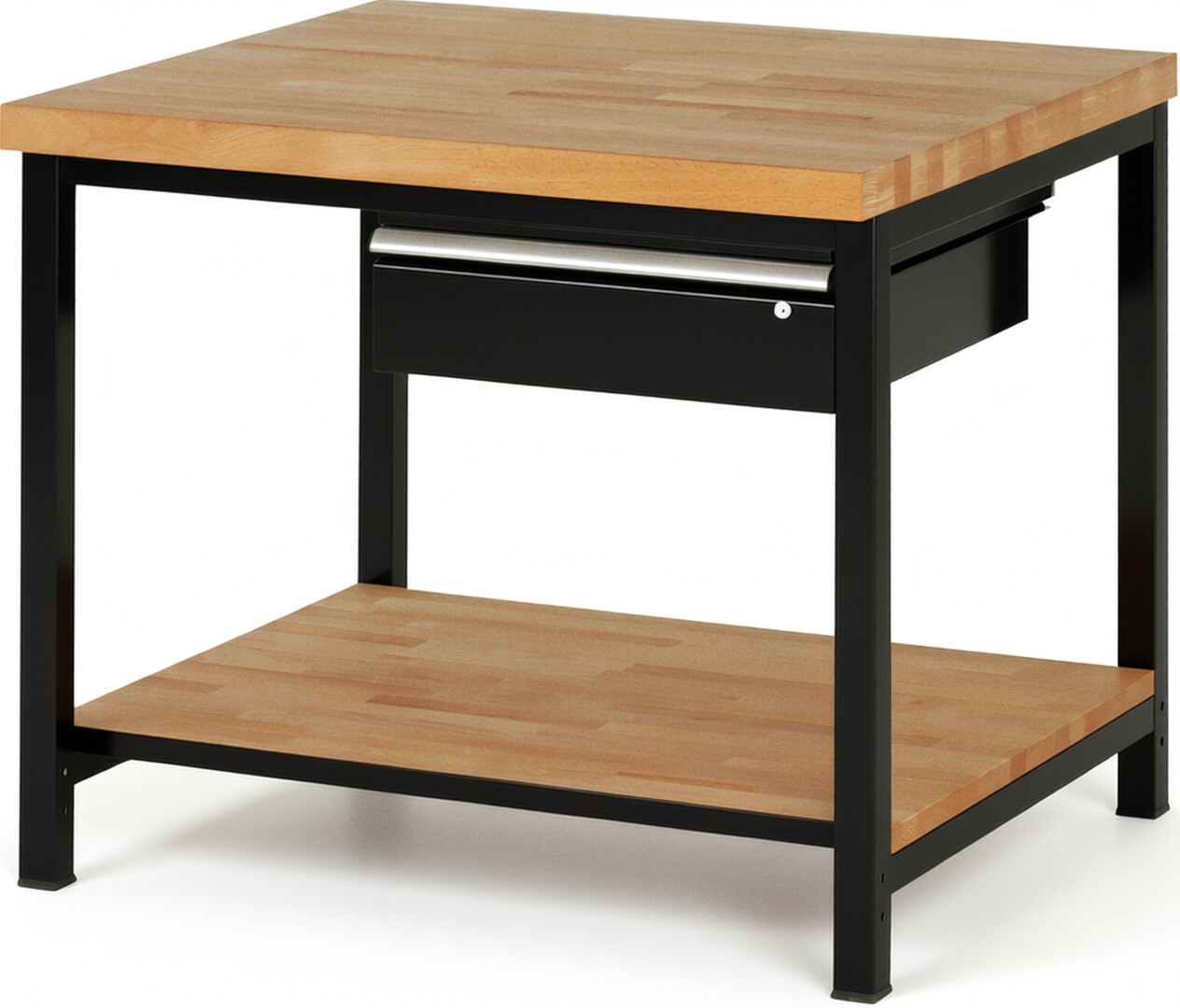 Werkbank Modell 8001 schwarz, BxTxH 1000x900x840-1040 mm,  Buche-Massiv Arbeitsplatte 40 mm,  1 Schublade mit  Auszug 90 %