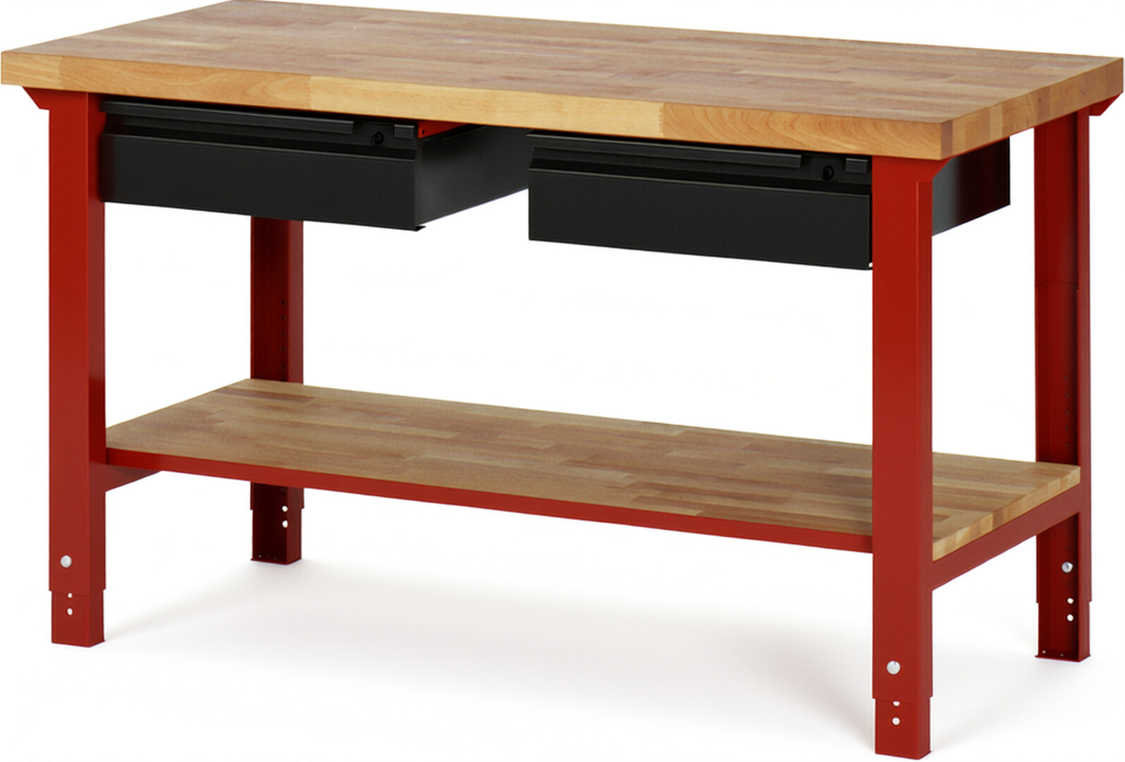 Werkbank - Modell 7002 BASIC rot - schwarz, BxTxH 1500x700x790-1140 mm,  Buche-Massiv Arbeitsplatte 40 mm,  2 Schubladen mit  Auszug 90 %