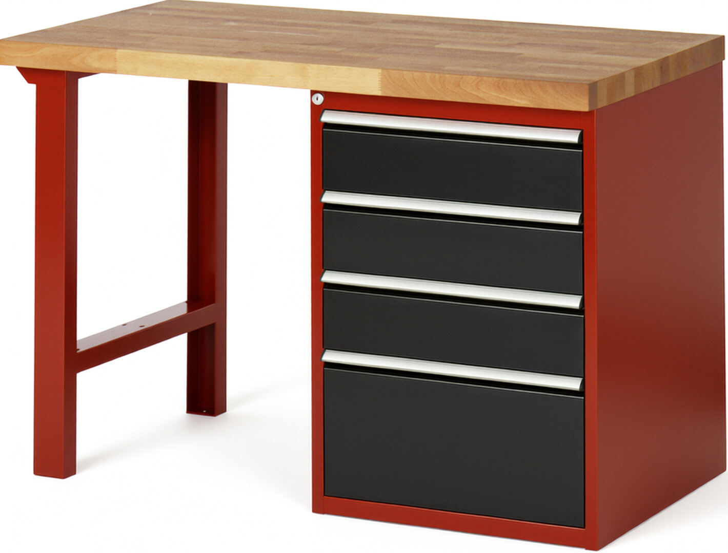 Werkbank Modell 7510 rot - schwarz, BxTxH 1250x700x890 mm,  Buche-Massiv Arbeitsplatte 40 mm,  4 Schubladen mit  Vollauszug 100 % und  SoftClosing