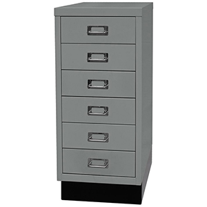 Schubladenschrank aus Stahl, BxTxH 279x380x670 mm, 6 Schubladen 87 mm, DIN A4, Sockel 80 mm hoch, silber