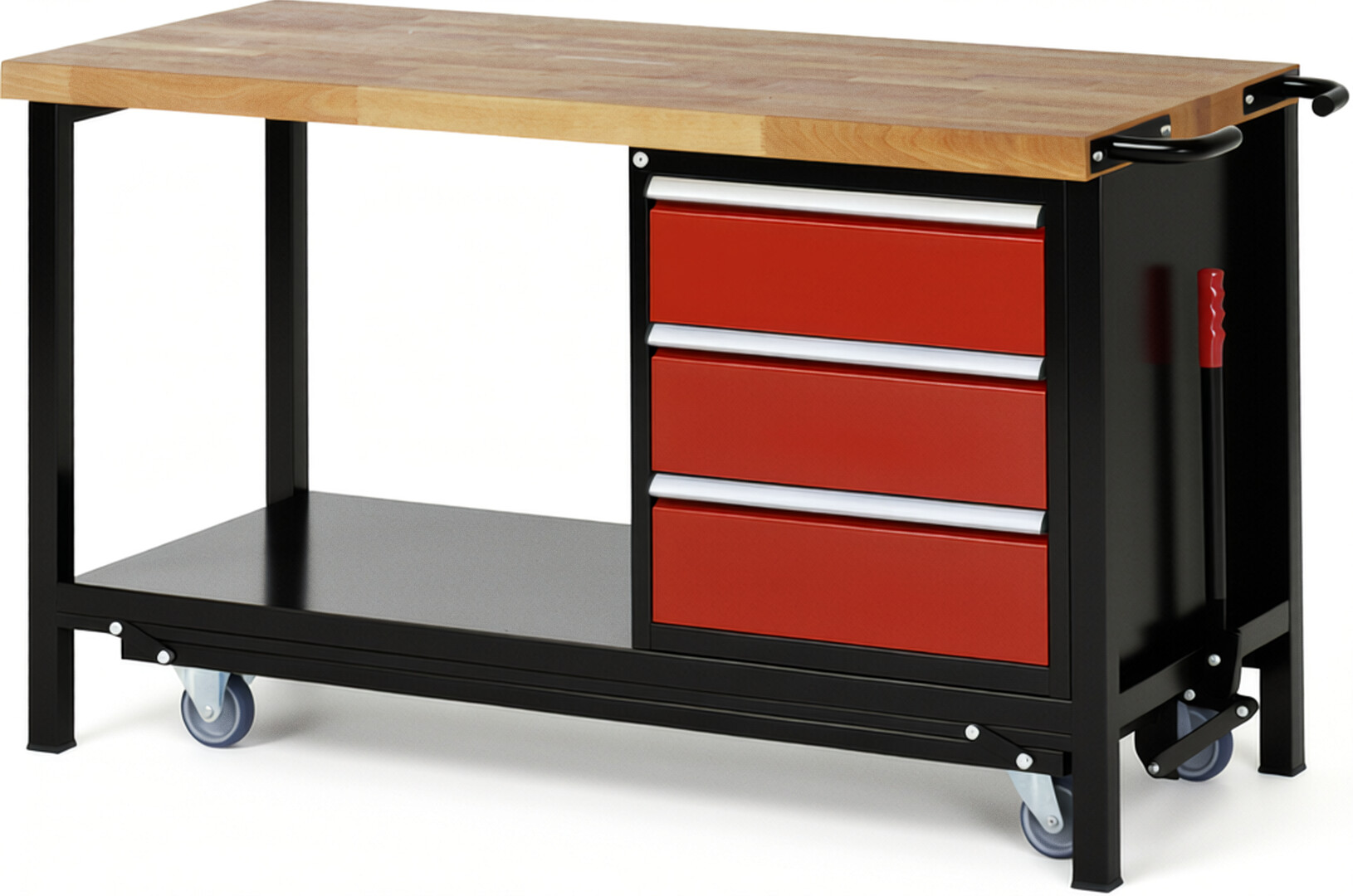 RAU Werkbank schwarz - rot - Breite 150 cm - Tiefe 70 cm - Höhe 88 cm - Buche-Massiv Arbeitsplatte 40 mm