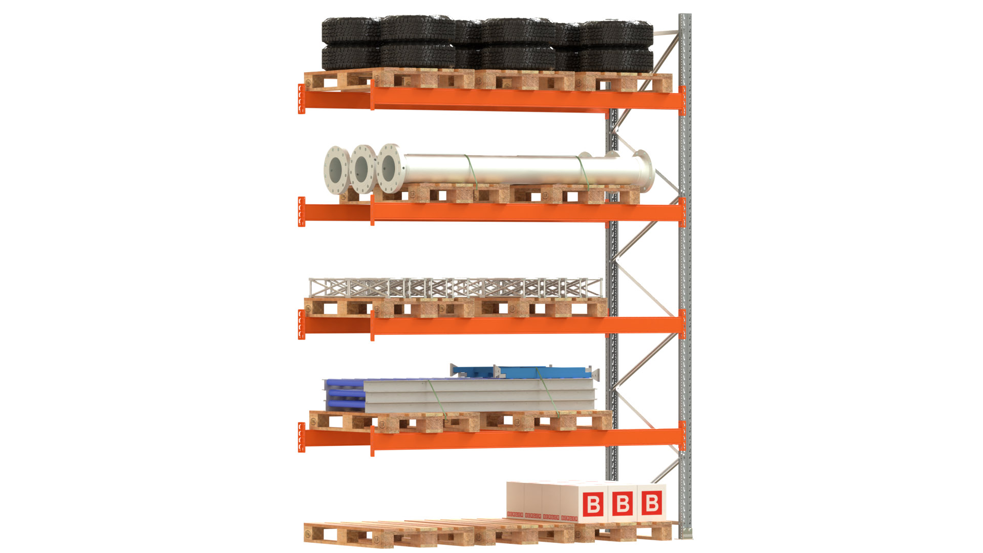 Palettenregal ARTUS - Anbaufeld - Breite 278,5 cm - Höhe 400 cm - Tiefe 110 cm - 4 Träger Ebenen