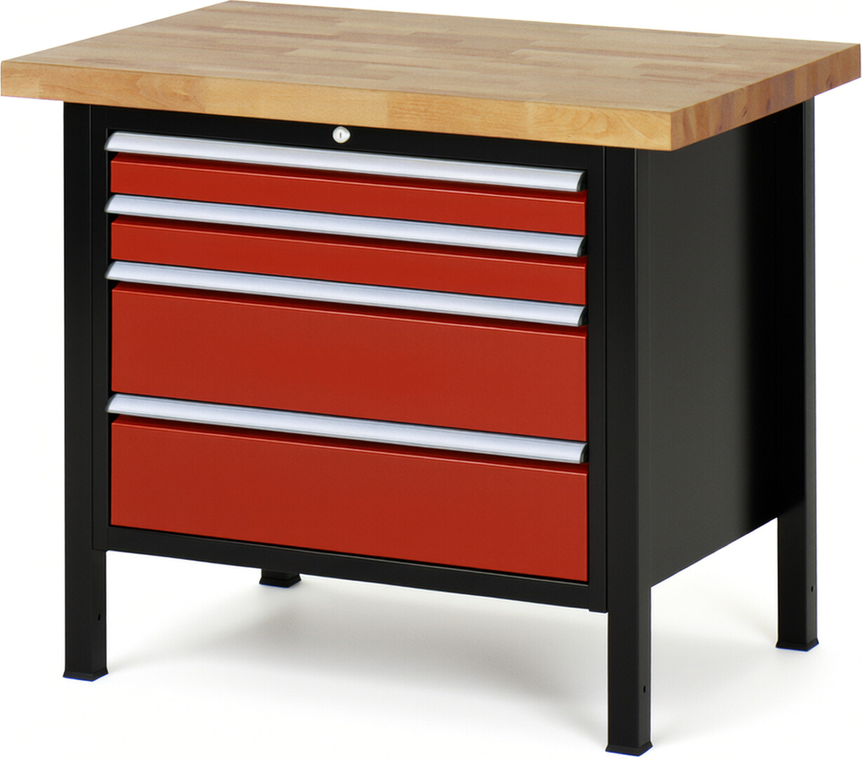 Werkbank Modell 8261 schwarz-rot, BxTxH 1000x700x840-1040 mm,  Buche-Massiv Arbeitsplatte 40 mm,  4 Schubladen mit  Auszug 90 %