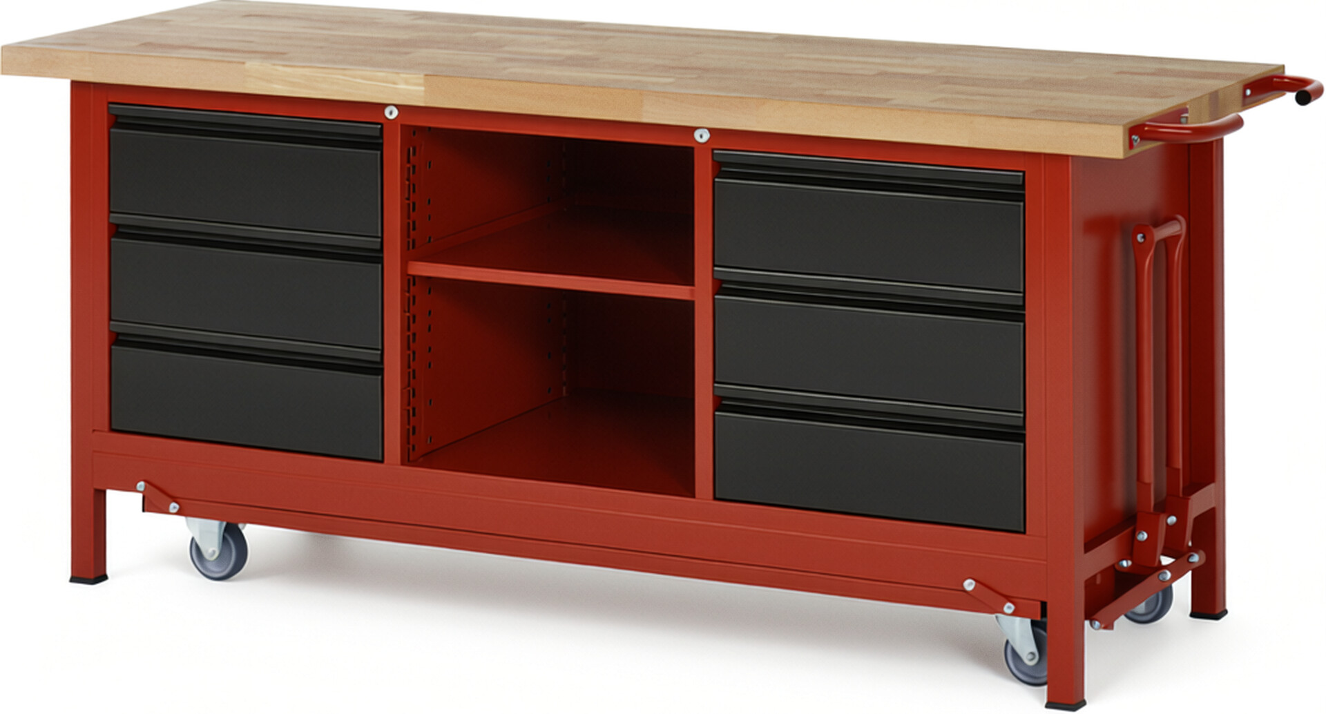 Absenkbare Werkbank - Modell 8581 BASIC rot - schwarz, BxTxH 2000x700x880 mm,  Buche-Massiv Arbeitsplatte 40 mm,  6 Schubladen mit  Auszug 90 %