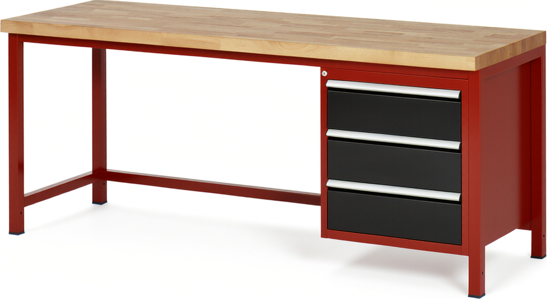 Werkbank Modell 8157 rot - schwarz, BxTxH 2000x700x840 mm,  Buche-Massiv Arbeitsplatte 40 mm,  3 Schubladen mit  Vollauszug 100 % und  SoftClosing
