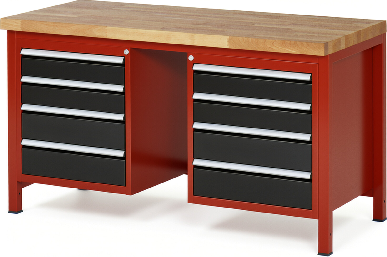 Werkbank Modell 8181 rot - schwarz, BxTxH 1500x700x840-1040 mm,  Buche-Massiv Arbeitsplatte 40 mm,  8 Schubladen mit  Vollauszug 100 % und  SoftClosing