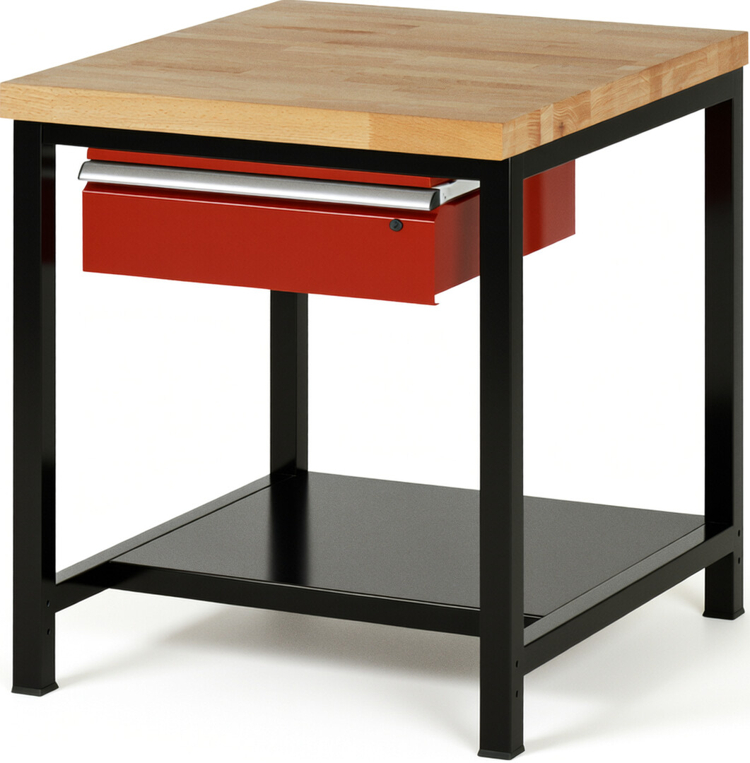 Werkbank Modell 8001 schwarz-rot, BxTxH 750x900x840-1040 mm,  Buche-Massiv Arbeitsplatte 40 mm,  1 Schublade mit  Auszug 90 %