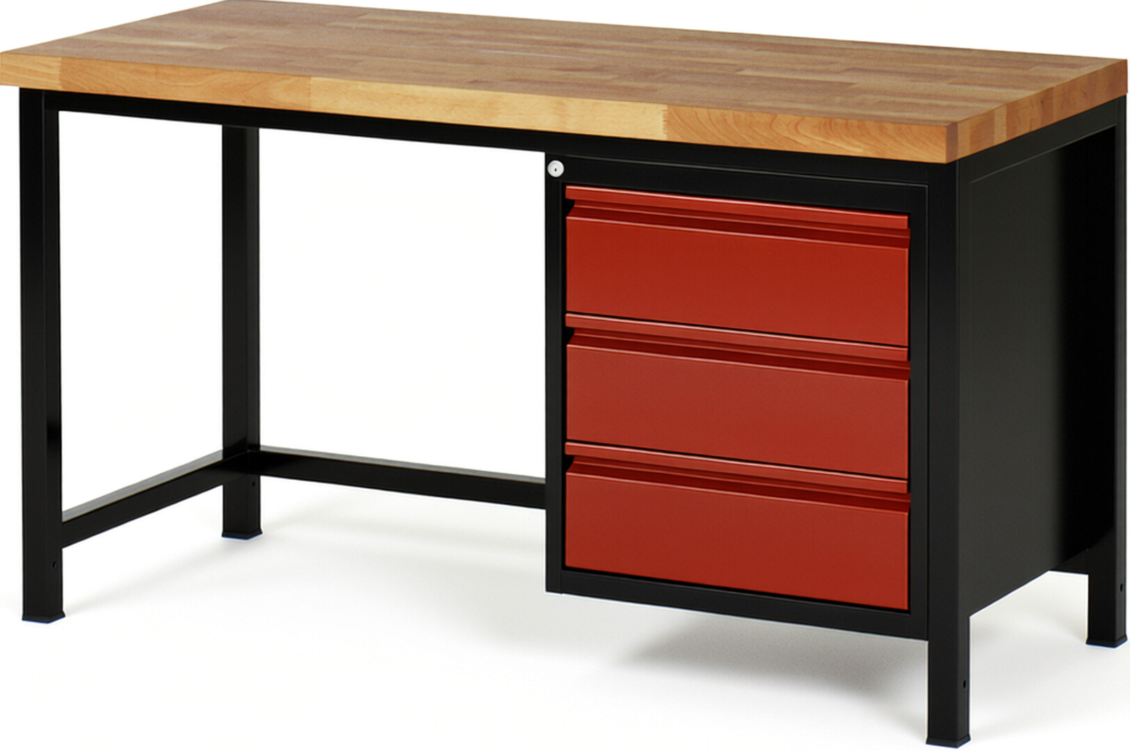 Werkbank schwarz - rot, Breite 150 cm, Tiefe 70 cm, Höhe 84 cm, 3 Schublade(n), Platte: Buche-Massiv-Arbeitsplatte