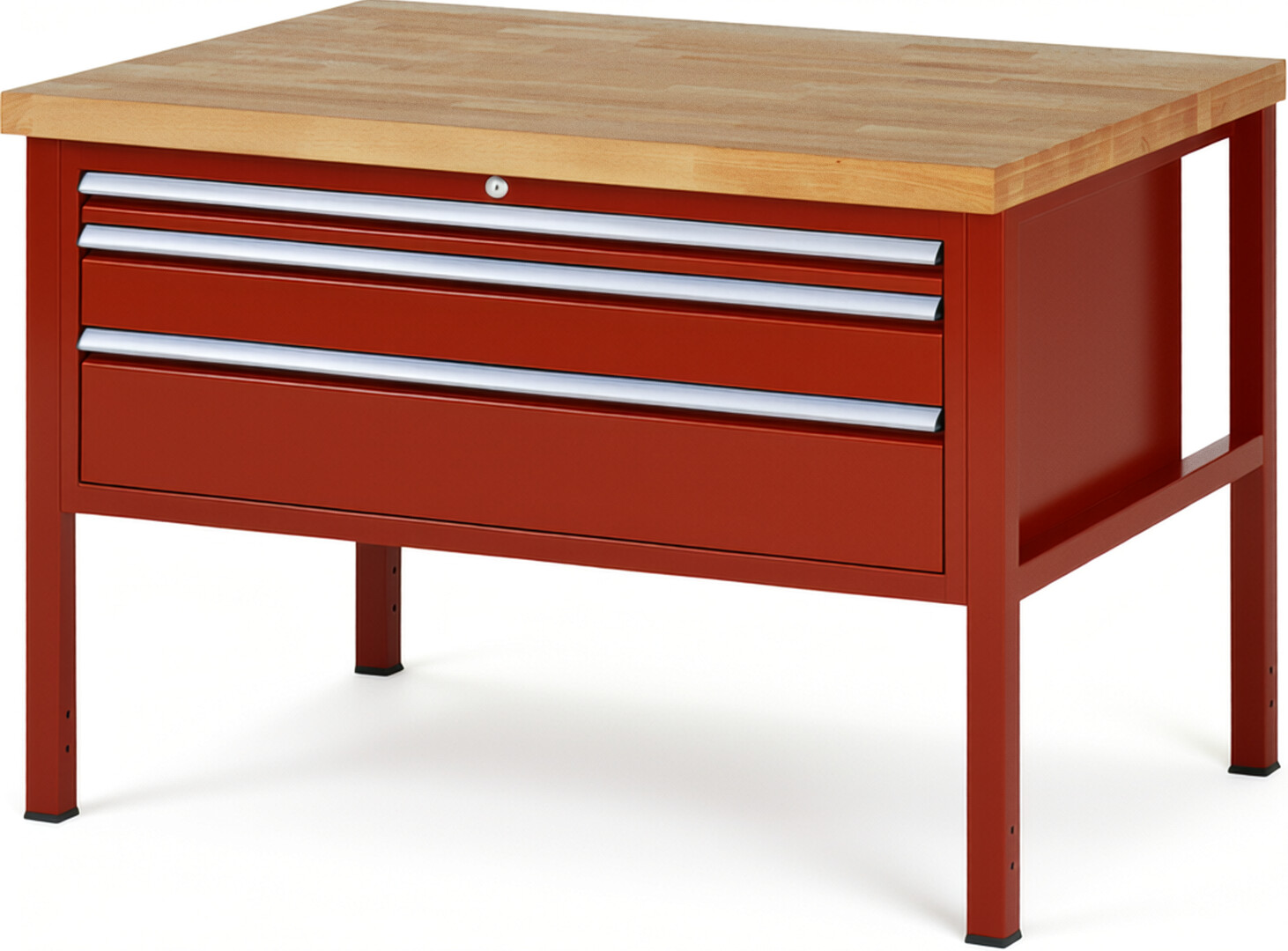 Werkbank Modell 8326 rot, BxTxH 1250x900x840 mm,  Buche-Massiv Arbeitsplatte 40 mm,  3 Schubladen mit  Vollauszug 100 % und  SoftClosing