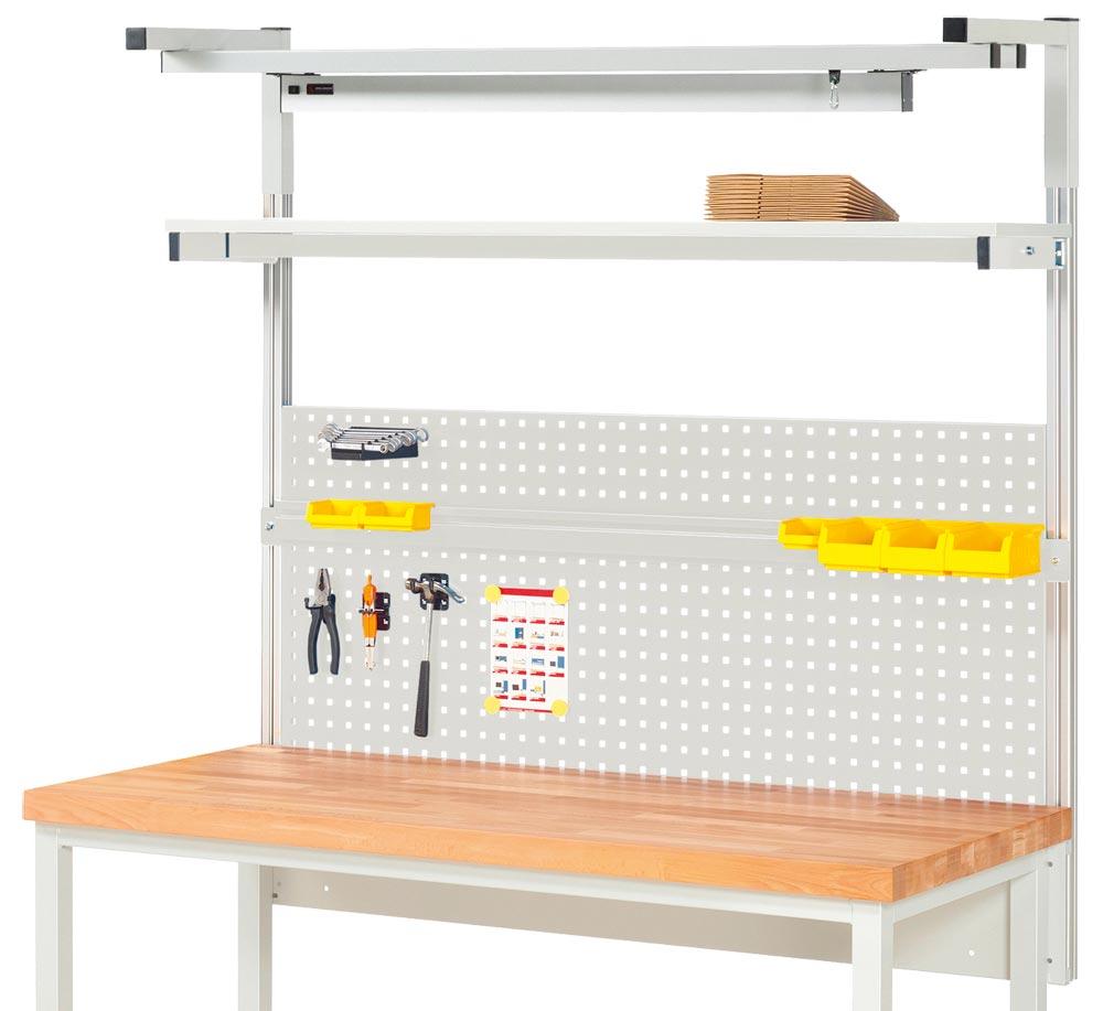 Aufbau für Werkbank B 1500 mm mit Auslegerpaar, 2 x Laufschiene, Laufwagen, LED-Leuchte, Lochplatte H 450mm, Halteschiene, RAL 7035