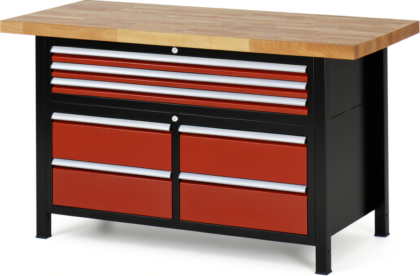 Werkbank Modell 8924 schwarz-rot, BxTxH 1500x700x840-1040 mm,  Buche-Massiv Arbeitsplatte 40 mm,  7 Schubladen mit  Auszug 90 %