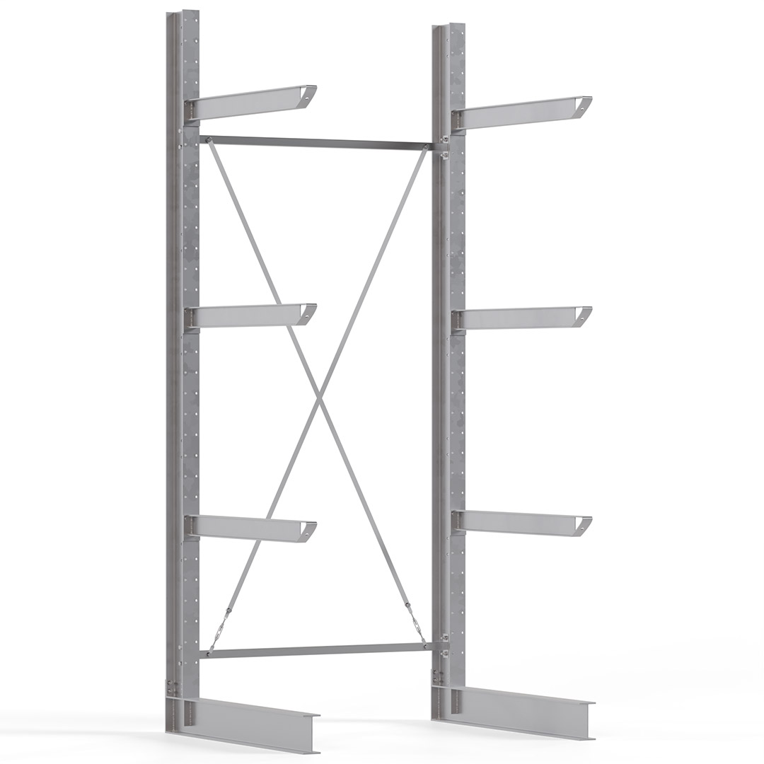 Kragarmregal KARL heavy - feuerverzinkt - Breite: 150 cm - Höhe: 350 cm - Tiefe: 120 cm - Traglast je Kragarm: 800 kg - einseitig