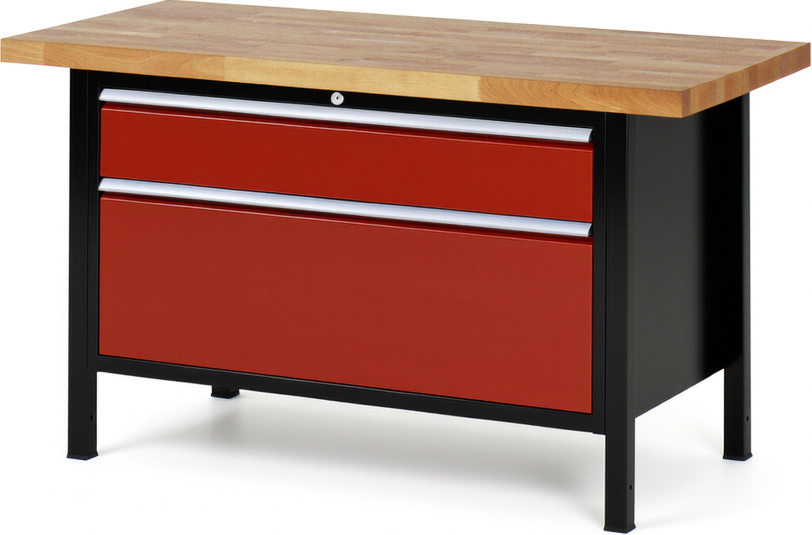 RAU Werkbank schwarz - rot - Breite 150 cm - Tiefe 70 cm - Höhe 84 cm - Buche-Massiv Arbeitsplatte 40 mm