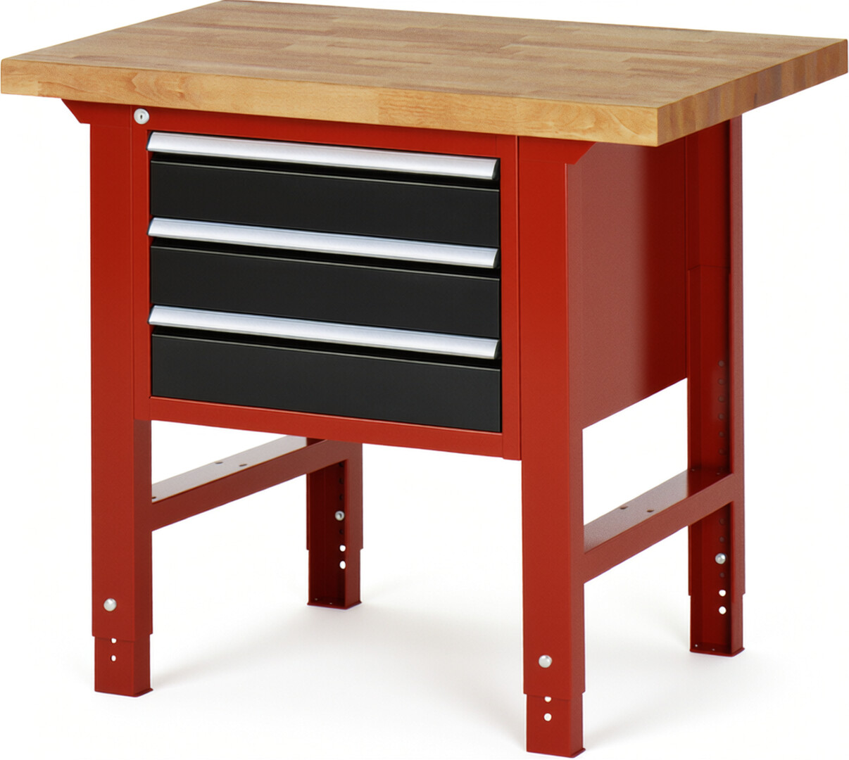 Werkbank Modell 7127 rot - schwarz, BxTxH 1000x700x790-1140 mm,  Buche-Massiv Arbeitsplatte 40 mm,  3 Schubladen mit  Auszug 90 %