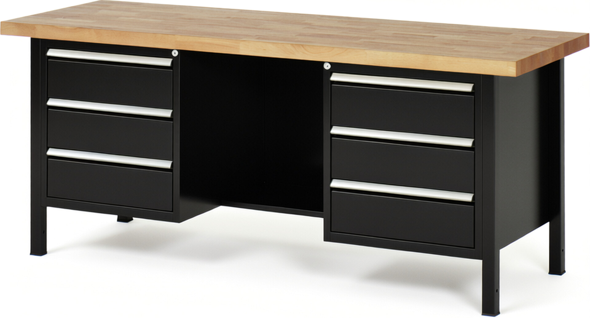 Werkbank Modell 8554 schwarz, BxTxH 2000x700x840-1040 mm,  Buche-Massiv Arbeitsplatte 40 mm,  6 Schubladen mit  Vollauszug 100 % und  SoftClosing
