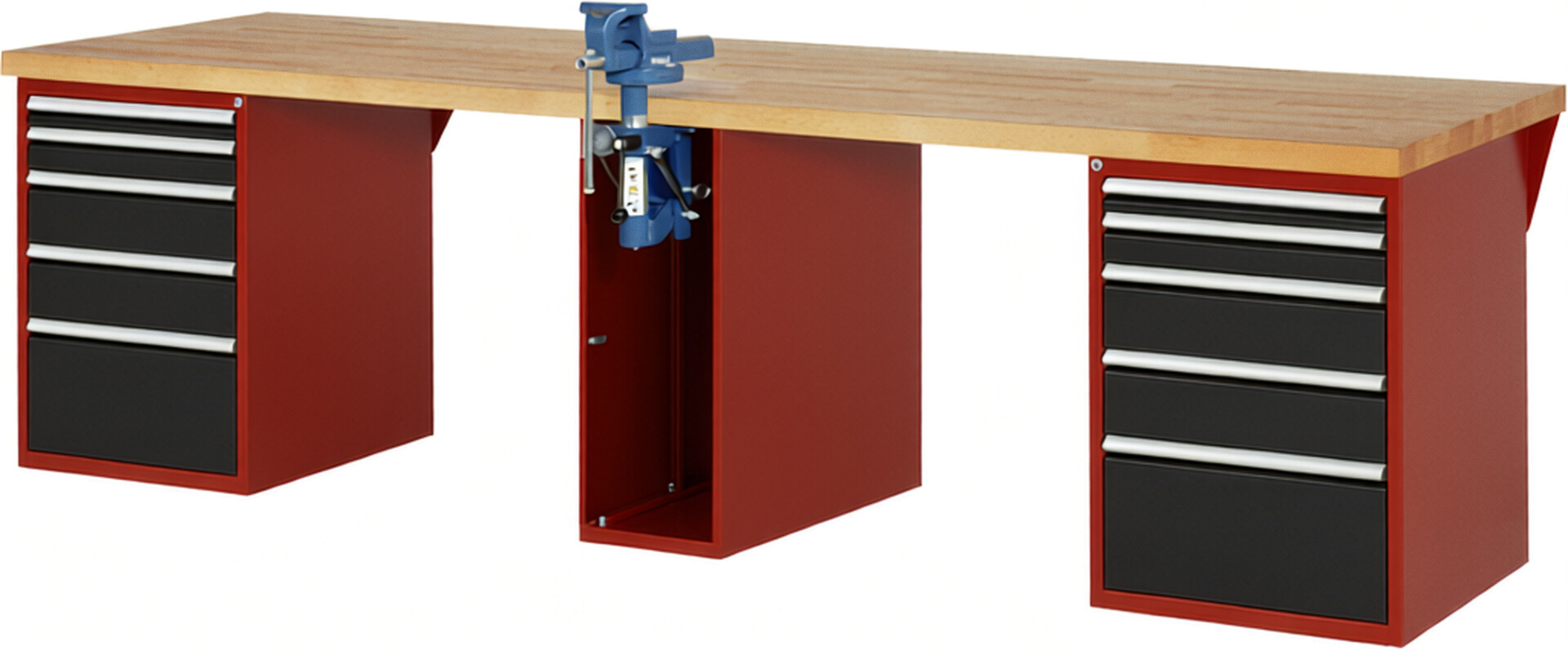 Werkbank Modell 7511 rot - schwarz, BxTxH 3000x900x840 mm,  Buche-Massiv Arbeitsplatte 40 mm,  10 Schubladen mit  Vollauszug 100 % und  SoftClosing