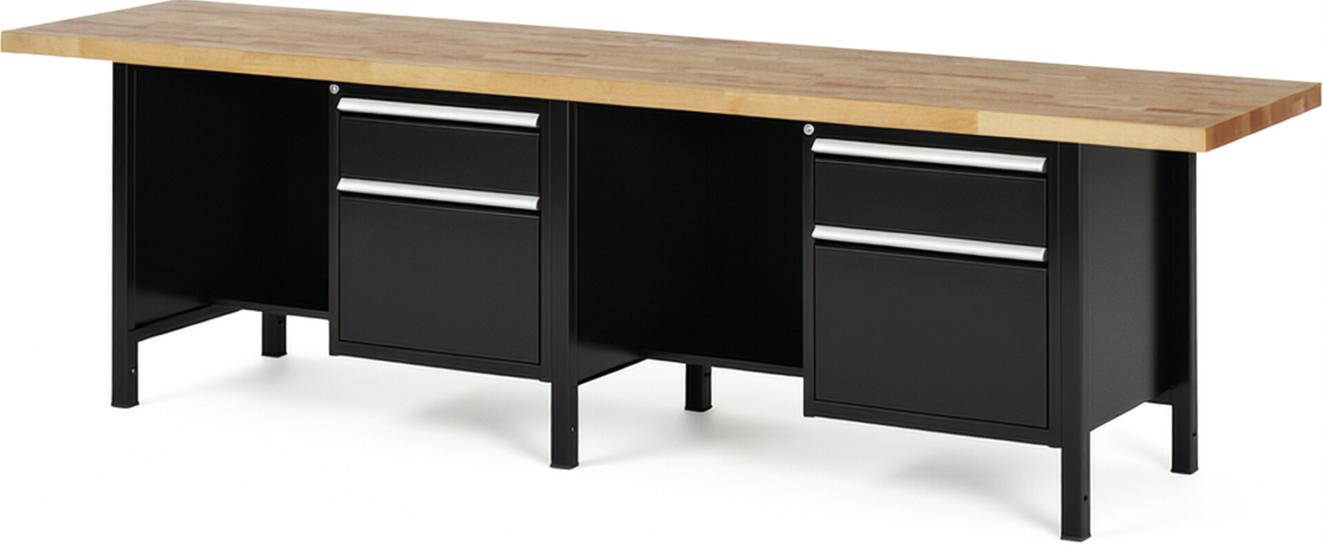 Werkbank Modell 8451 schwarz, BxTxH 3000x700x840-1040 mm,  Buche-Massiv Arbeitsplatte 40 mm,  4 Schubladen mit  Auszug 90 %