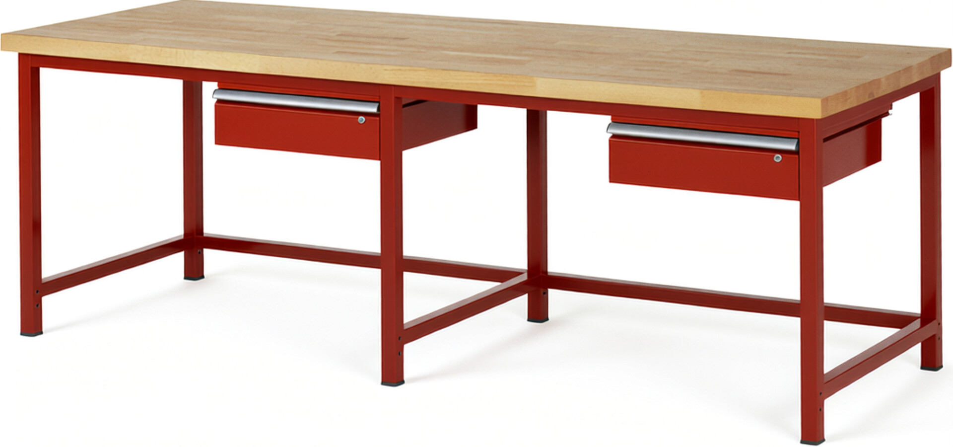 Werkbank Modell 8001 rot, BxTxH 2500x900x840-1040 mm,  Buche-Massiv Arbeitsplatte 40 mm,  2 Schubladen mit  Auszug 90 %