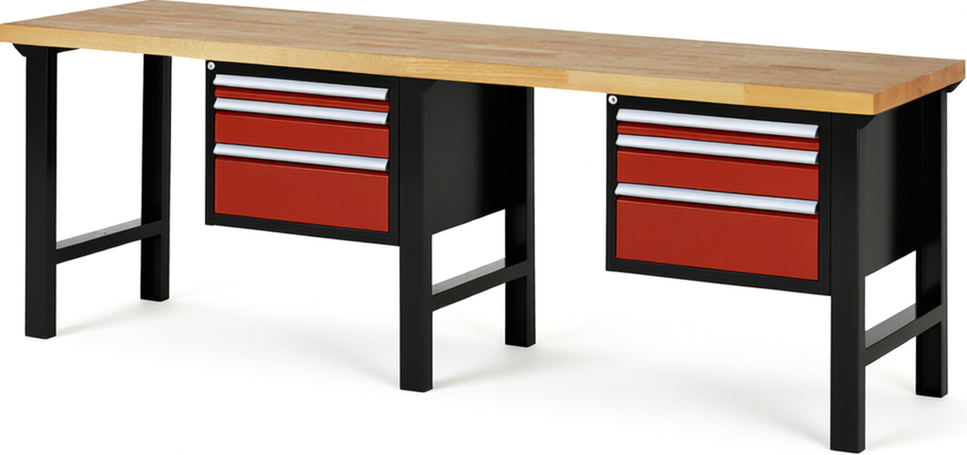 RAU Werkbank schwarz - rot - Breite 250 cm - Tiefe 70 cm - Höhe 84 cm - Buche-Massiv Arbeitsplatte 40 mm