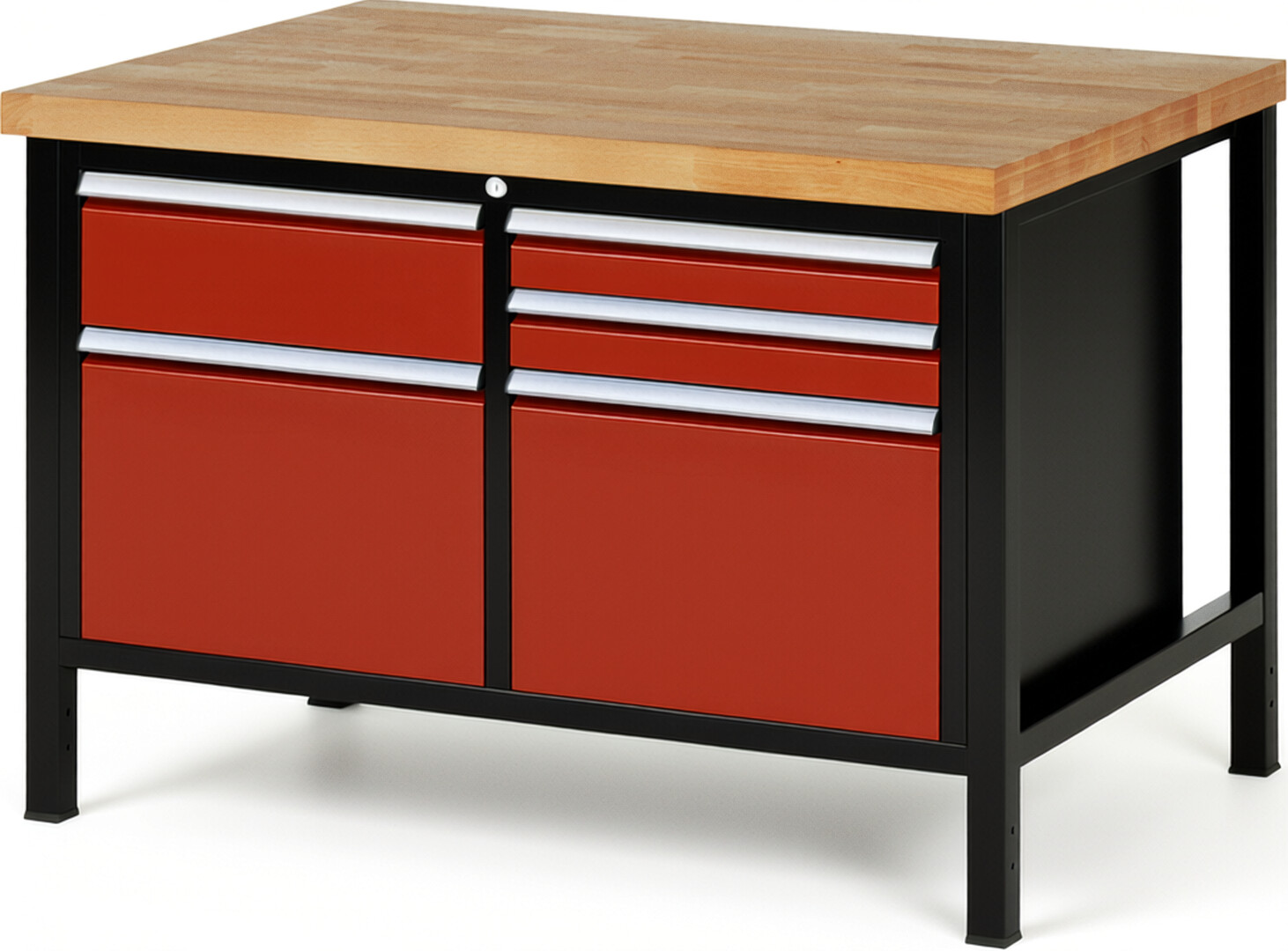 RAU Werkbank schwarz - rot - Breite 125 cm - Tiefe 90 cm - Höhe 84 cm - Buche-Massiv Arbeitsplatte 40 mm