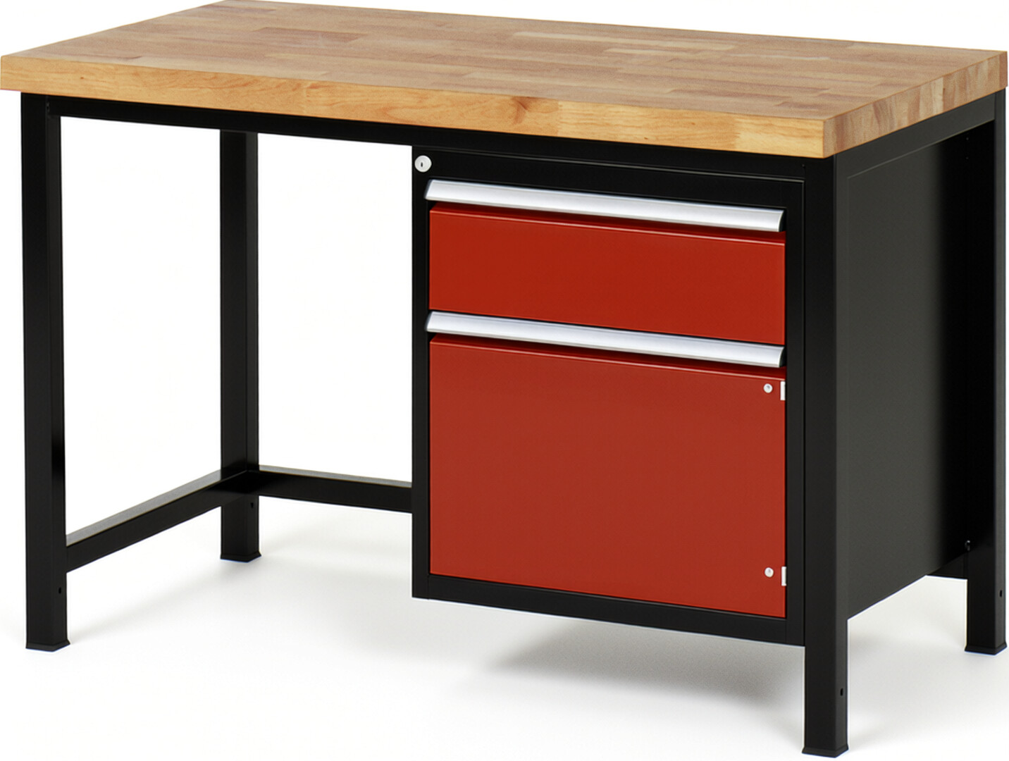 Werkbank Modell 8152 schwarz-rot, BxTxH 1250x700x840 mm,  Buche-Massiv Arbeitsplatte 40 mm,  1 Schublade mit  Auszug 90 %
