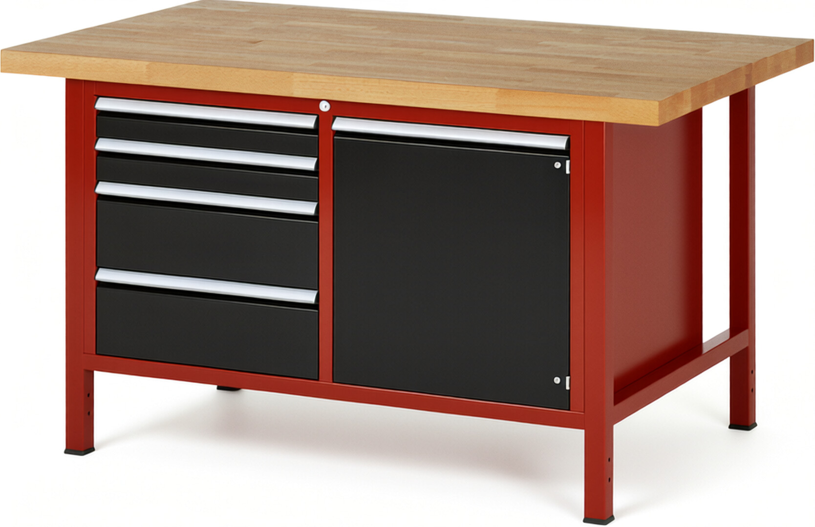 RAU Werkbank rot - schwarz - Breite 150 cm - Tiefe 90 cm - Höhe 84 cm - Buche-Massiv Arbeitsplatte 40 mm