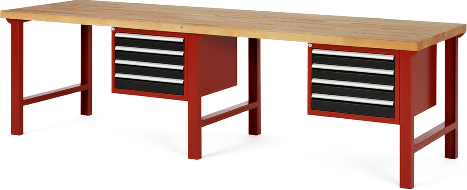 Werkbank Modell 7133 rot - schwarz, BxTxH 3000x900x840 mm,  Buche-Massiv Arbeitsplatte 40 mm,  8 Schubladen mit  Auszug 90 %