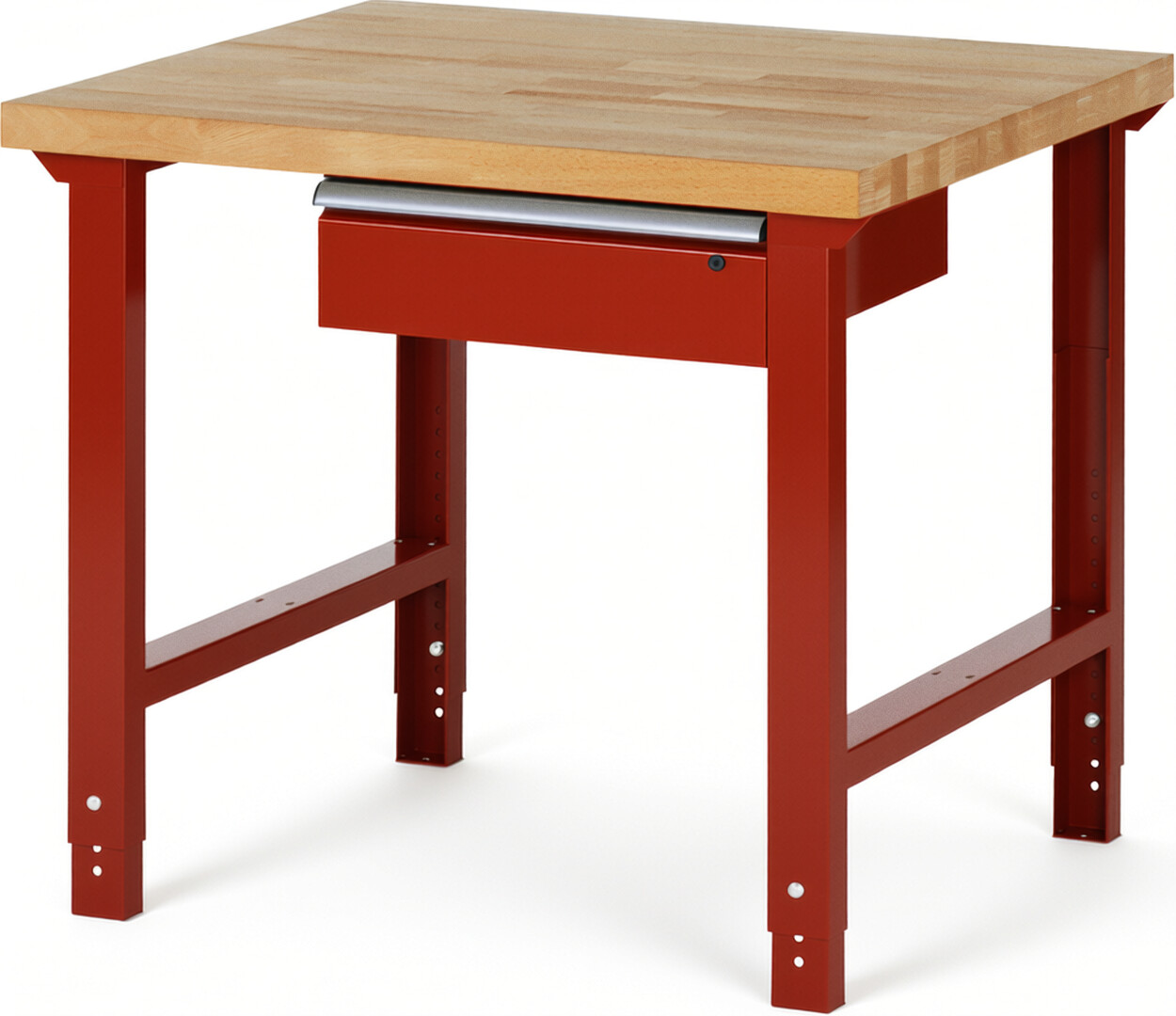 Werkbank Modell 7001 rot, BxTxH 1000x900x790-1140 mm,  Buche-Massiv Arbeitsplatte 40 mm,  1 Schublade mit  Auszug 90 %