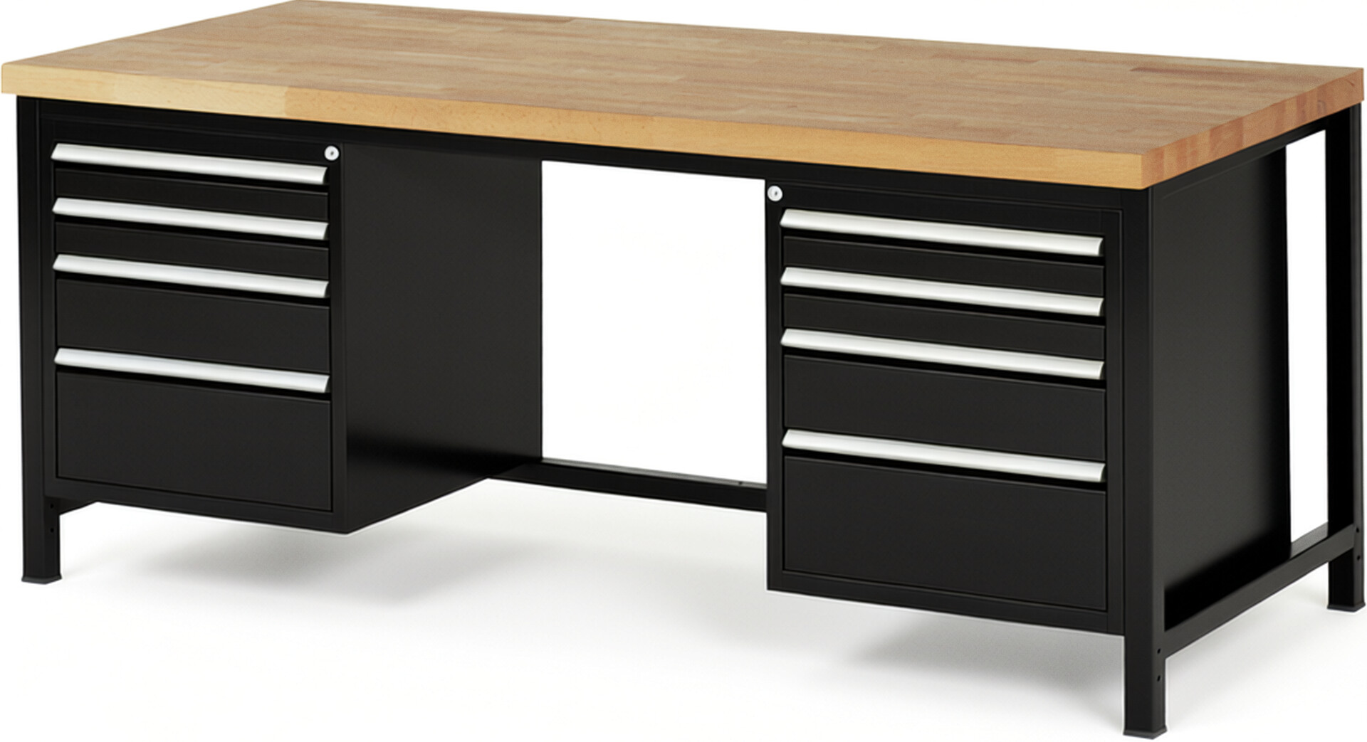 Werkbank Modell 8182 schwarz, BxTxH 2000x900x840-1040 mm,  Buche-Massiv Arbeitsplatte 40 mm,  8 Schubladen mit  Auszug 90 %