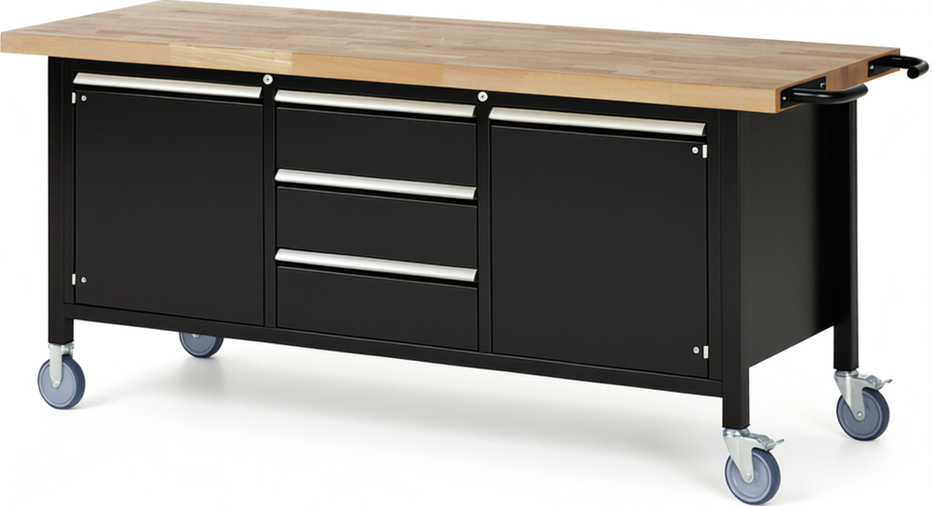 Fahrbare Werkbank Modell 8569 schwarz, BxTxH 2000x700x880-1080 mm,  Buche-Massiv Arbeitsplatte 40 mm,  3 Schubladen mit  Auszug 90 %
