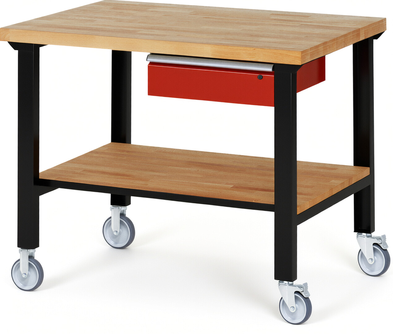 Fahrbare Werkbank Modell 7001 schwarz-rot, BxTxH 1250x900x1000 mm,  Buche-Massiv Arbeitsplatte 40 mm,  1 Schublade mit  Auszug 90 %
