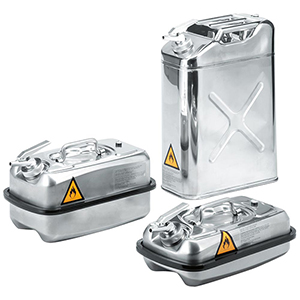 Sicherheitsbehälter, Dosierbehälter aus Edelstahl, mit nach allen Seiten drehbarem Feindosierer, Volumen 5 l, BxTxH 240x430x170 mm