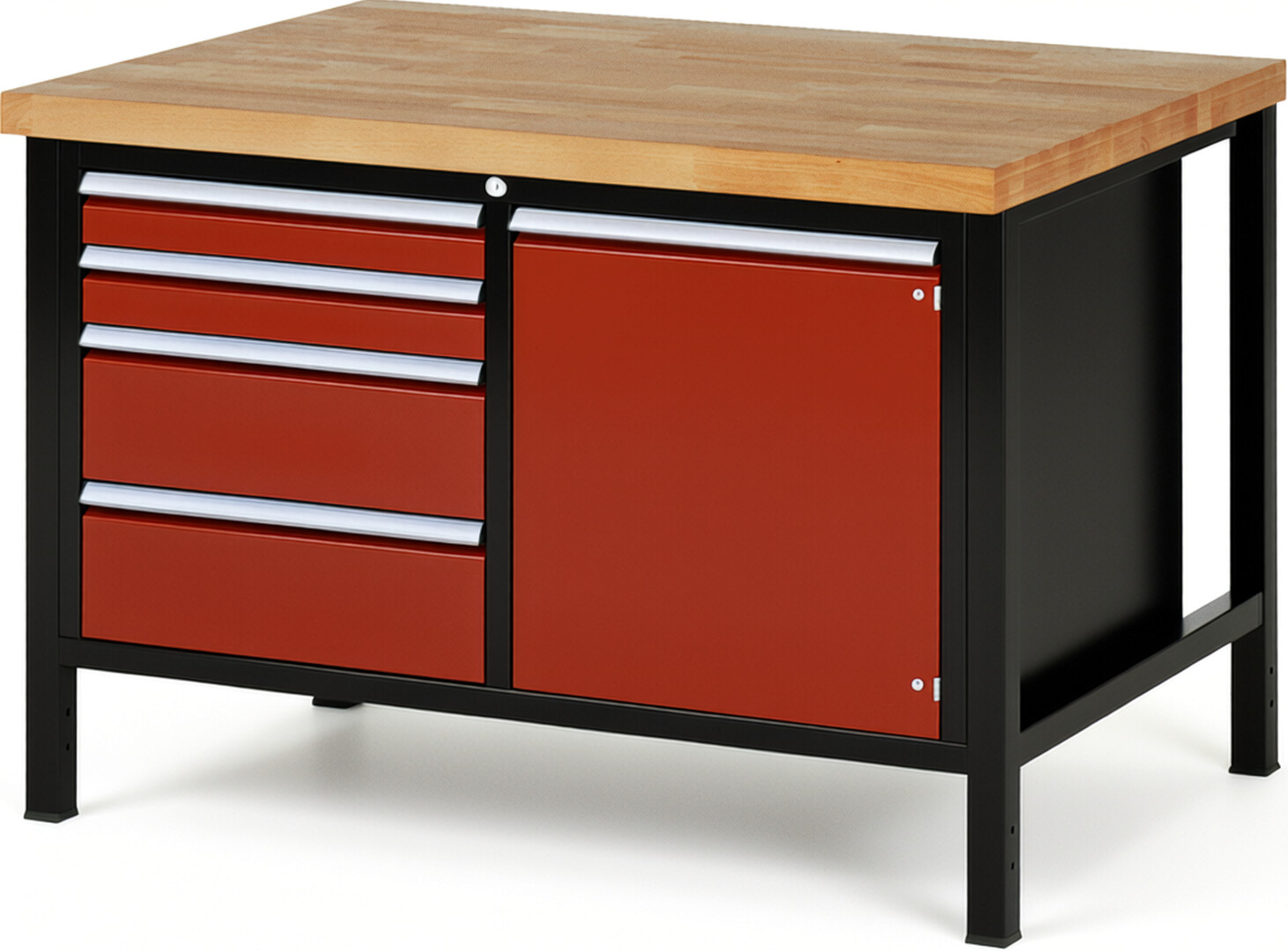 RAU Werkbank schwarz - rot - Breite 125 cm - Tiefe 90 cm - Höhe 104 cm - Buche-Massiv Arbeitsplatte 40 mm