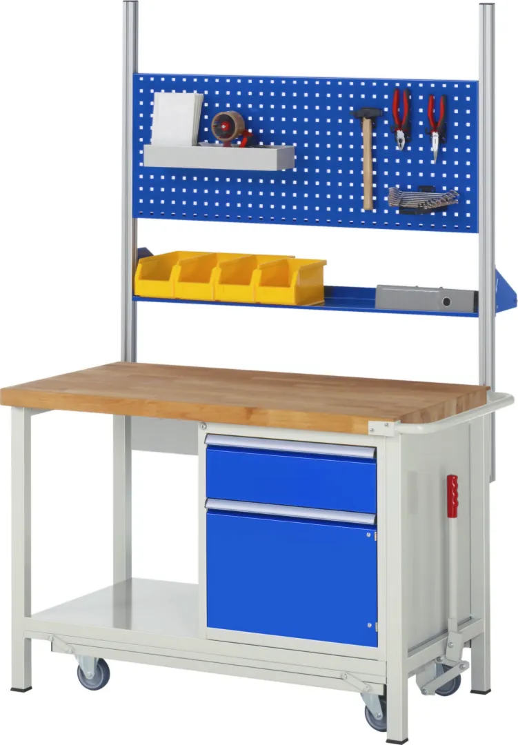 Absenkbare Werkbank Modell 8162 rot - schwarz, BxTxH 1250x700x880 mm,  Buche-Massiv Arbeitsplatte 40 mm,  4 Schubladen mit  Vollauszug 100 % und  SoftClosing