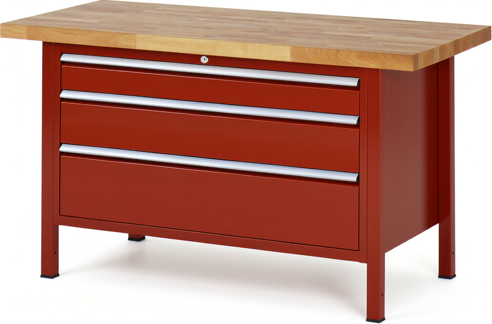Werkbank Modell 8359 rot, BxTxH 1500x700x840-1040 mm,  Buche-Massiv Arbeitsplatte 40 mm,  3 Schubladen mit  Vollauszug 100 % und  SoftClosing