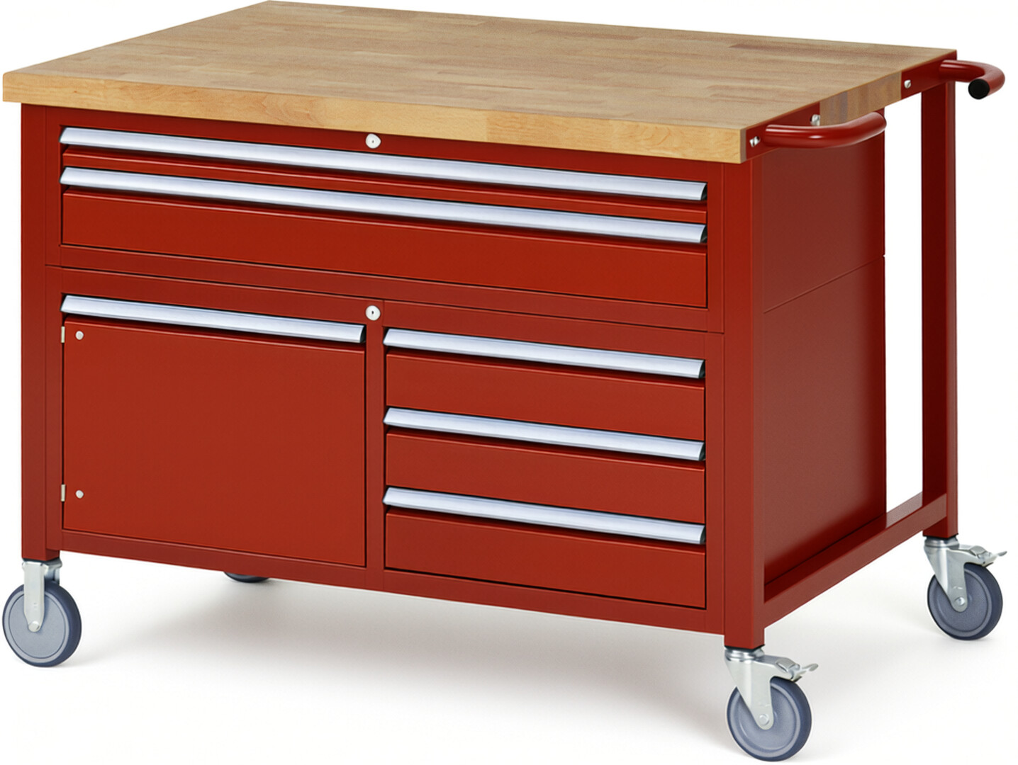Fahrbare Werkbank Modell 8922 rot, BxTxH 1250x900x920 mm,  Buche-Massiv Arbeitsplatte 40 mm,  5 Schubladen mit  Auszug 90 %