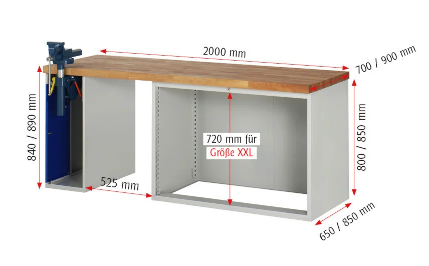 Werkbank Modell 7710 rot - schwarz, BxTxH 2000x700x840 mm,  Buche-Massiv Arbeitsplatte 40 mm,  4 Schubladen mit  Auszug 90 %