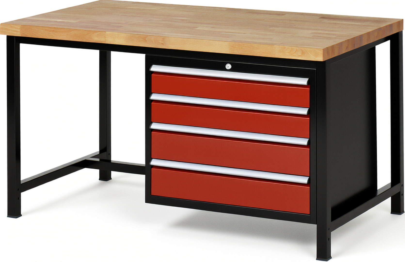 RAU Werkbank schwarz - rot - Breite 150 cm - Tiefe 90 cm - Höhe 104 cm - Buche-Massiv Arbeitsplatte 40 mm