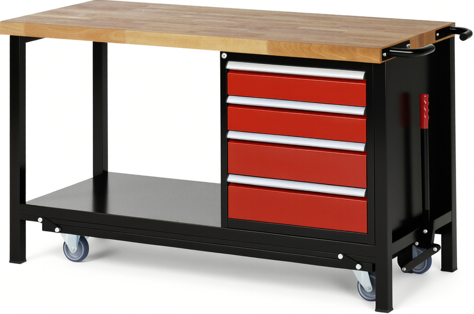 RAU Werkbank schwarz - rot - Breite 150 cm - Tiefe 70 cm - Höhe 88 cm - Buche-Massiv Arbeitsplatte 40 mm