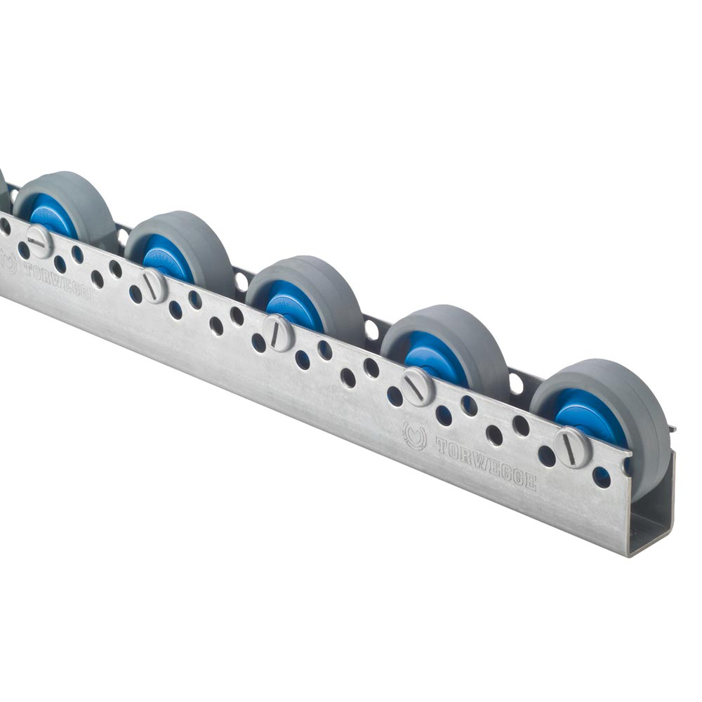 Universal-Rollenschiene, Profil 44x28x44x2 mm, verzinkt, KS-Rollen mit Gummibel. + Kugell., Traglast 15 kg/Rolle, Bauhöhe 64 mm, Achsabstand 200 mm