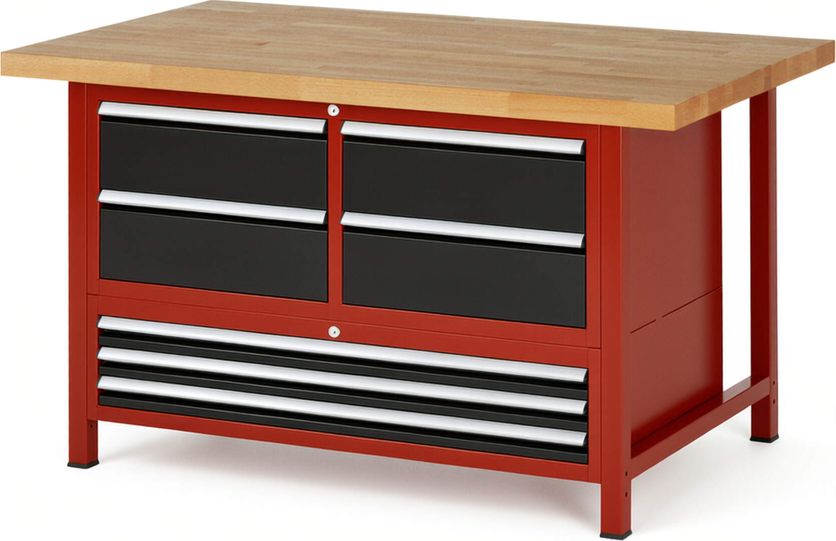 RAU Werkbank rot - schwarz - Breite 150 cm - Tiefe 90 cm - Höhe 84 cm - Buche-Massiv Arbeitsplatte 40 mm