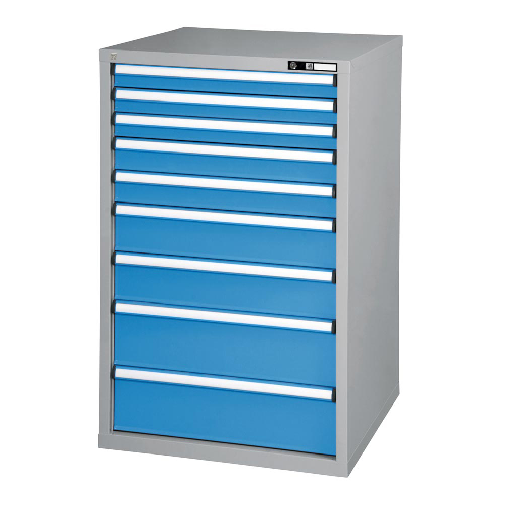 Schubladenschrank, 9 Schubladen: 3x75, 2x100, 2x150, 2x200 mm, BxTxH 731x753x1215 mm, RAL 7035/5012