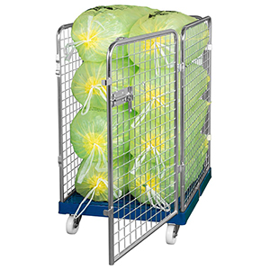 Rollbox mit Drahtgitterwänden, 4-seitig (1 Tür), Nutzhöhe 1020 mm, BxTxH 810x720x1200 mm, Bodenplatte aus HDPE, RAL 5010 enzianblau